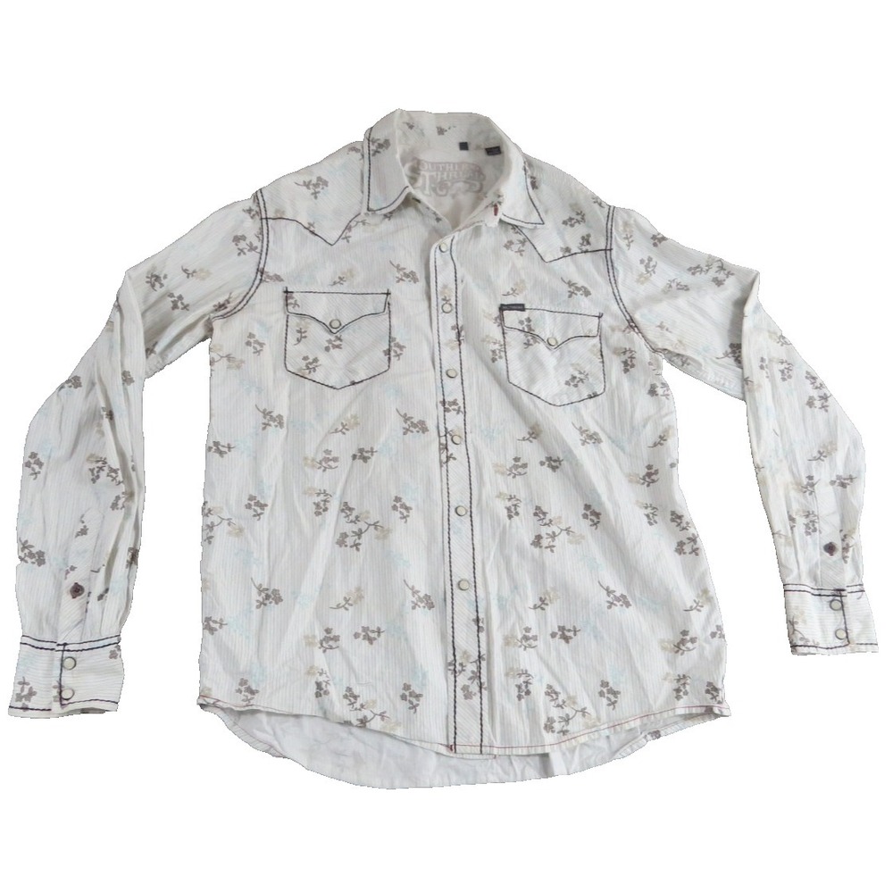 Southern Thread Western Shirt Mens L Floral Pearl Snap Long Sleeve White Striped